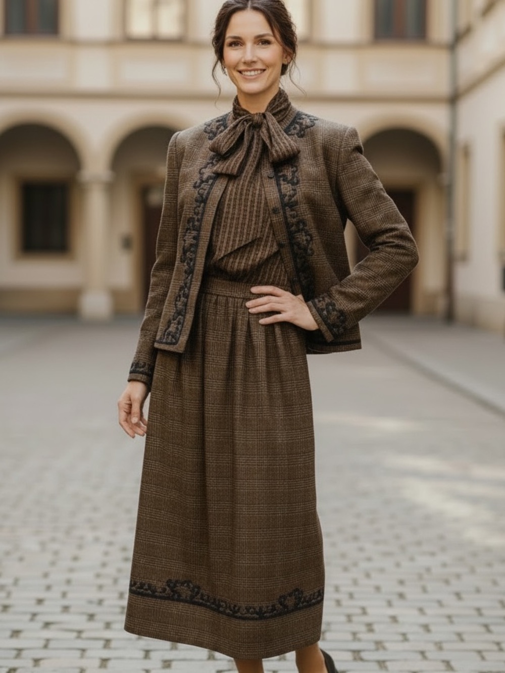 GLORIA SACHS VTG 3PCS GLEN PLAID WOOL JACKET MIDI SKIRT & SILK PAISLEY BLOUSE M